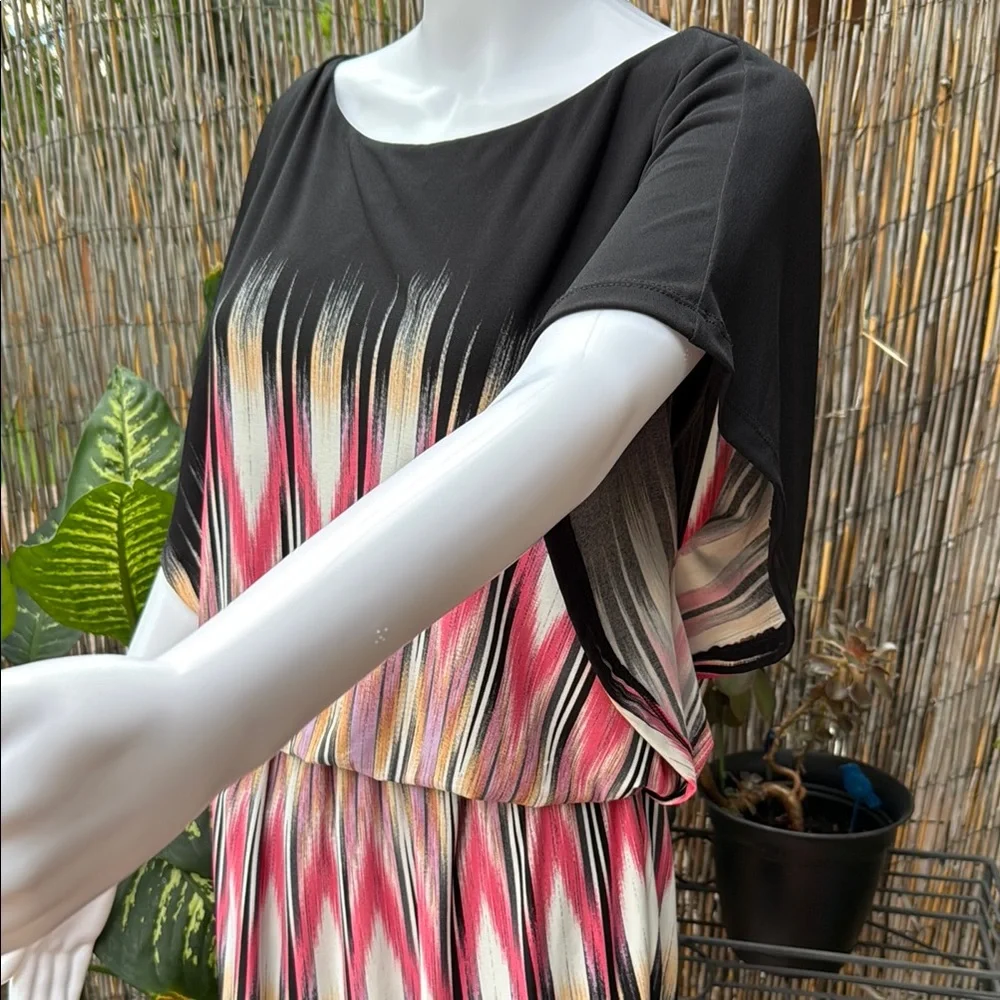 Maggy London Black Dress with Vibrant Pattern- Lined batwing flattering slipover - Picture 2 of 10